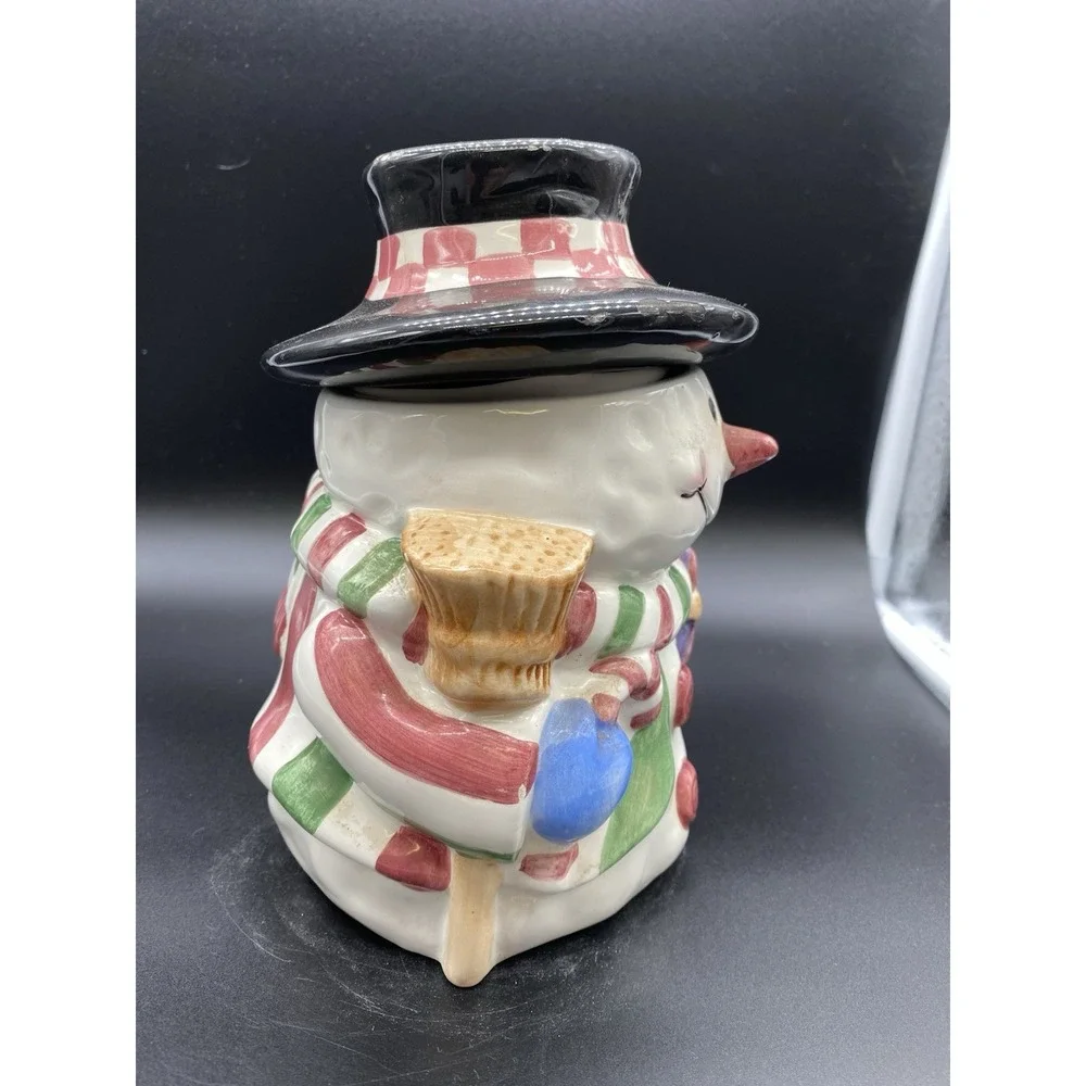 Vintage Snowman Ceramic Cookie Jar Holiday Christmas Decor Black Top Hat Scarf